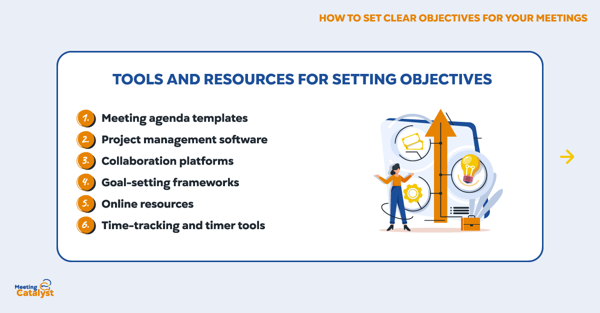 Infographic text box with bullet points list tools and resources for setting objectives