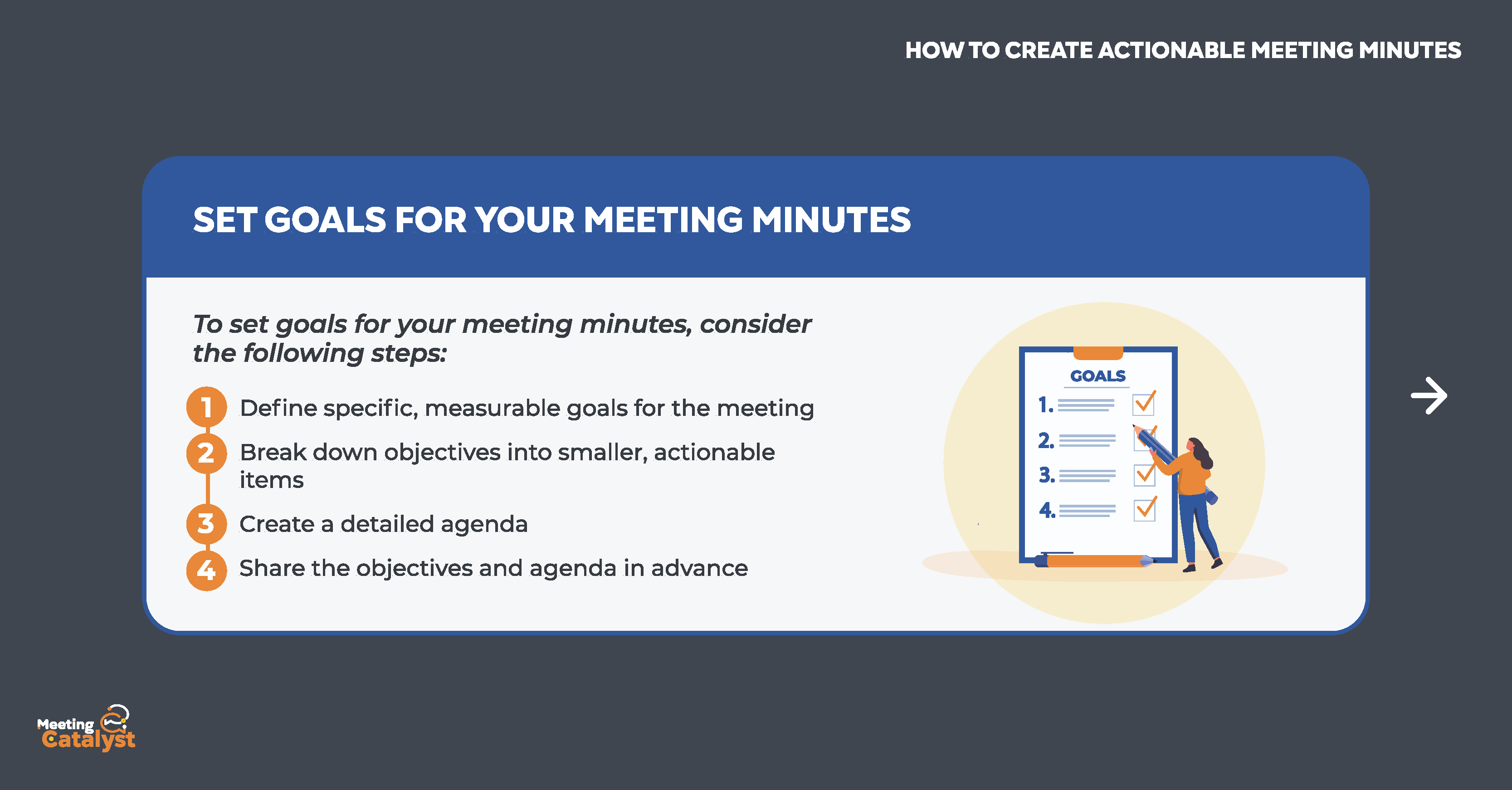 Infographic text box with bullets listing steps to set goals for meeting minutes