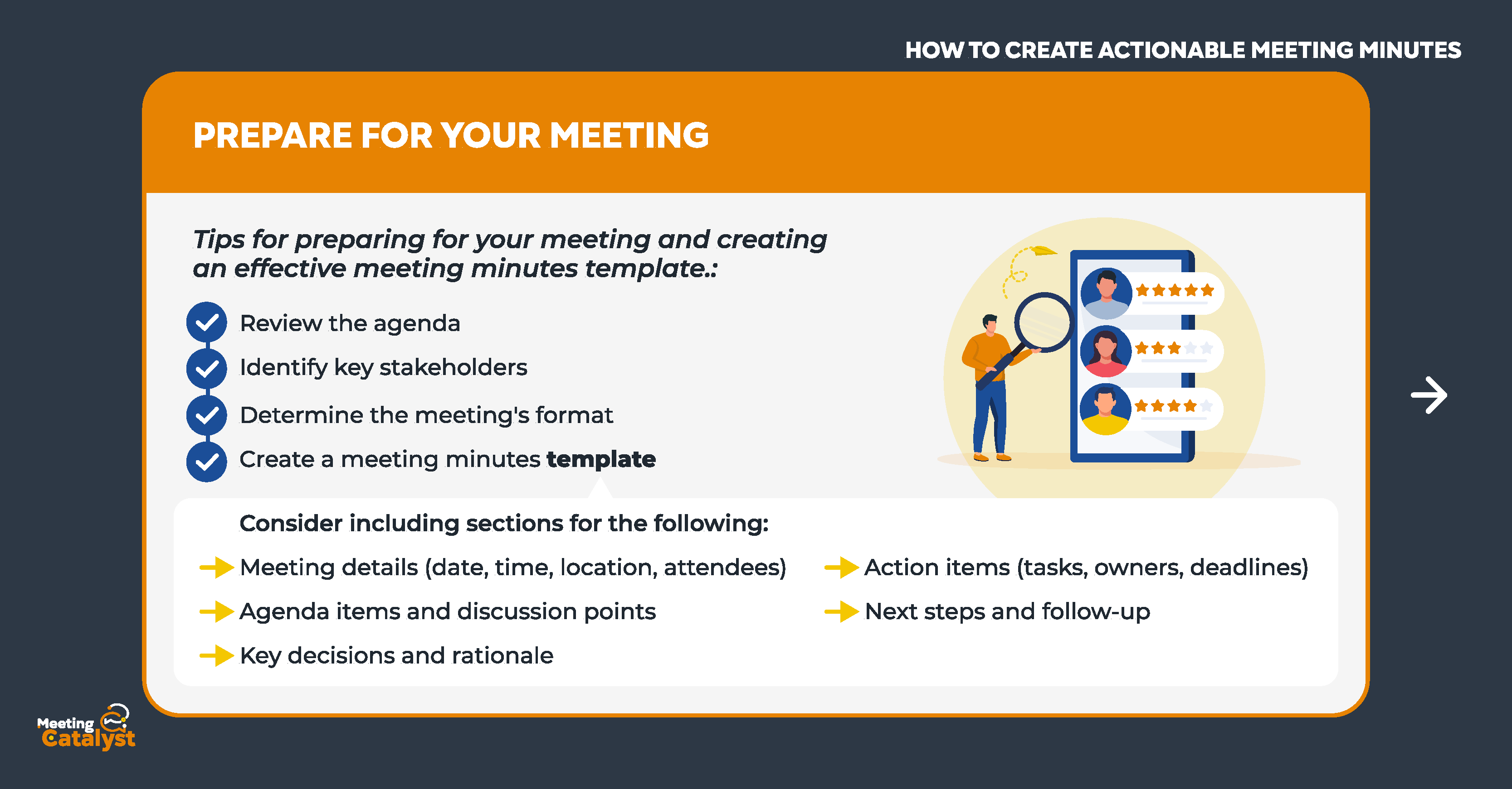 Infographic text boxes providing tips for preparing for a meeting