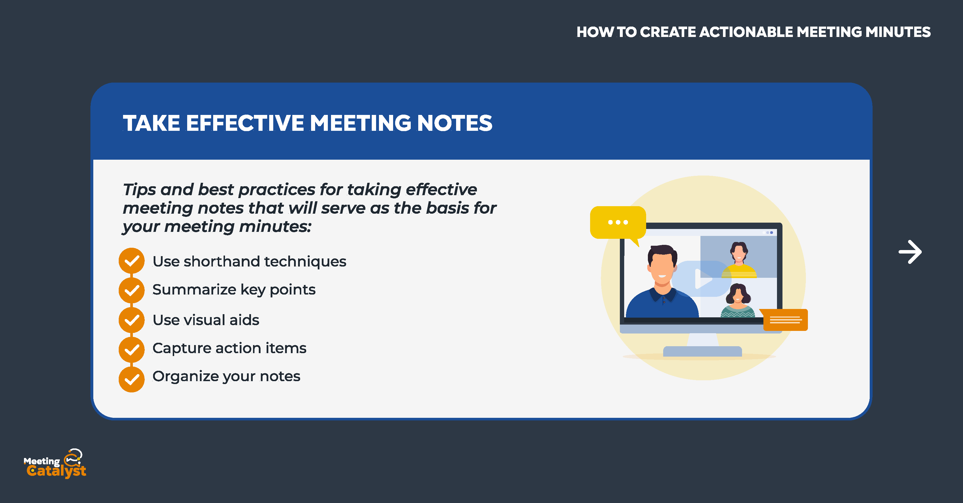 Infographic text boxes with bullet points listing tips on taking meeting minutes