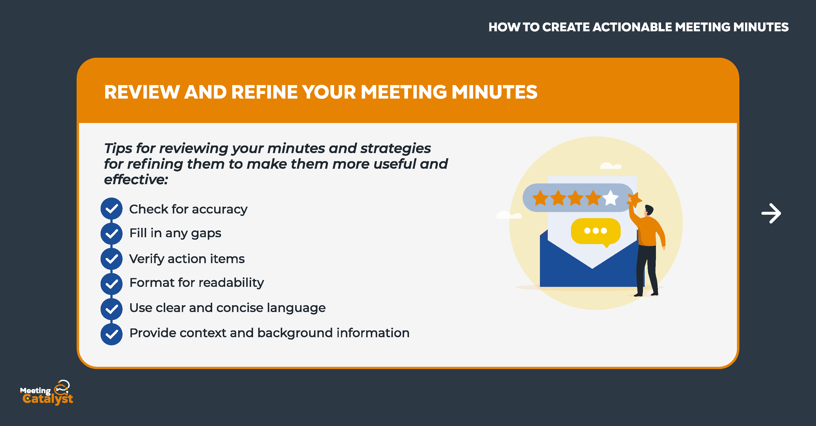 Infographic text boxes with bullet points listing tips on reviewing meeting minutes