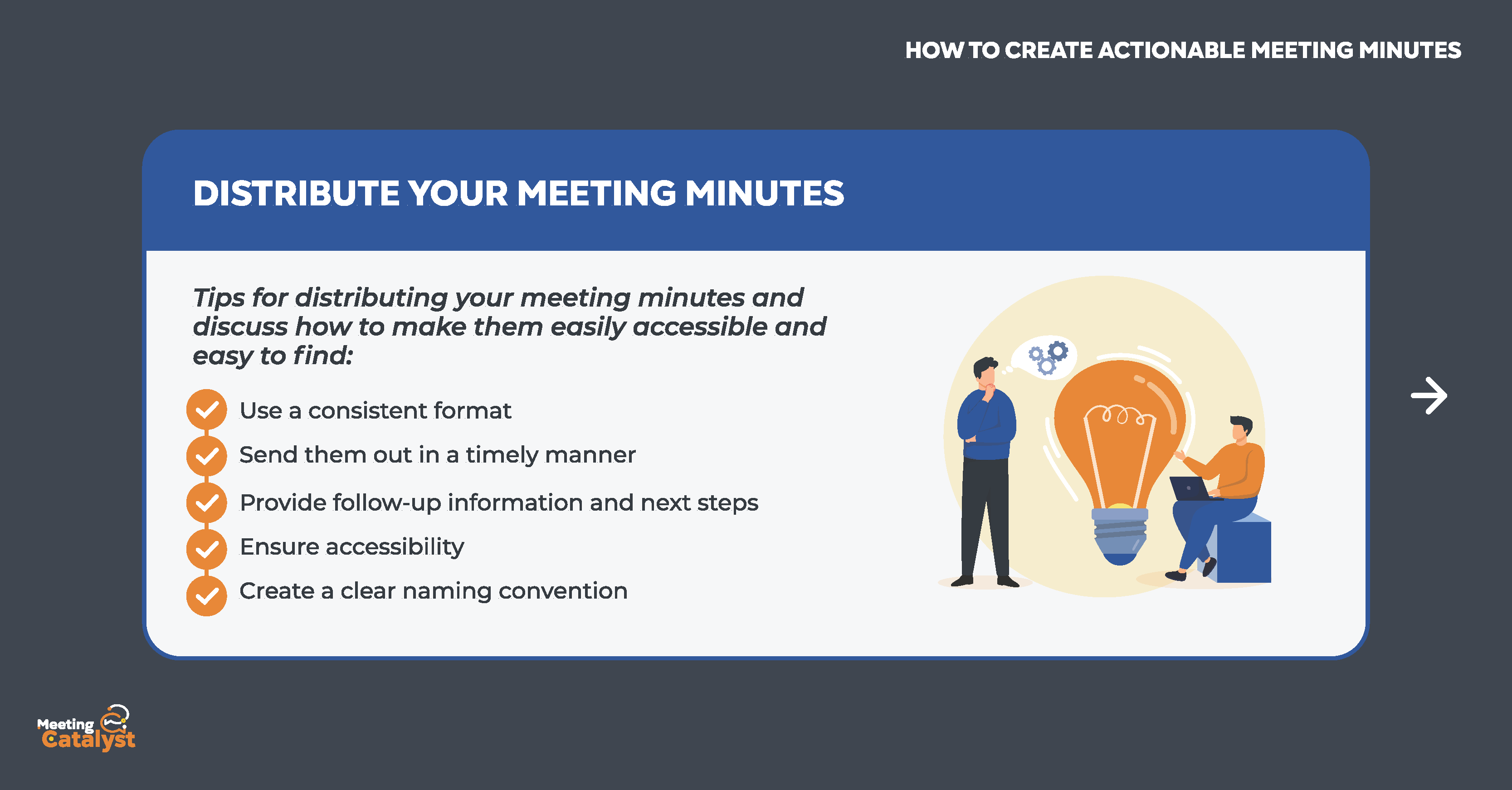 Infographic text boxes with bullet points listing tips for distributing meeting minutes