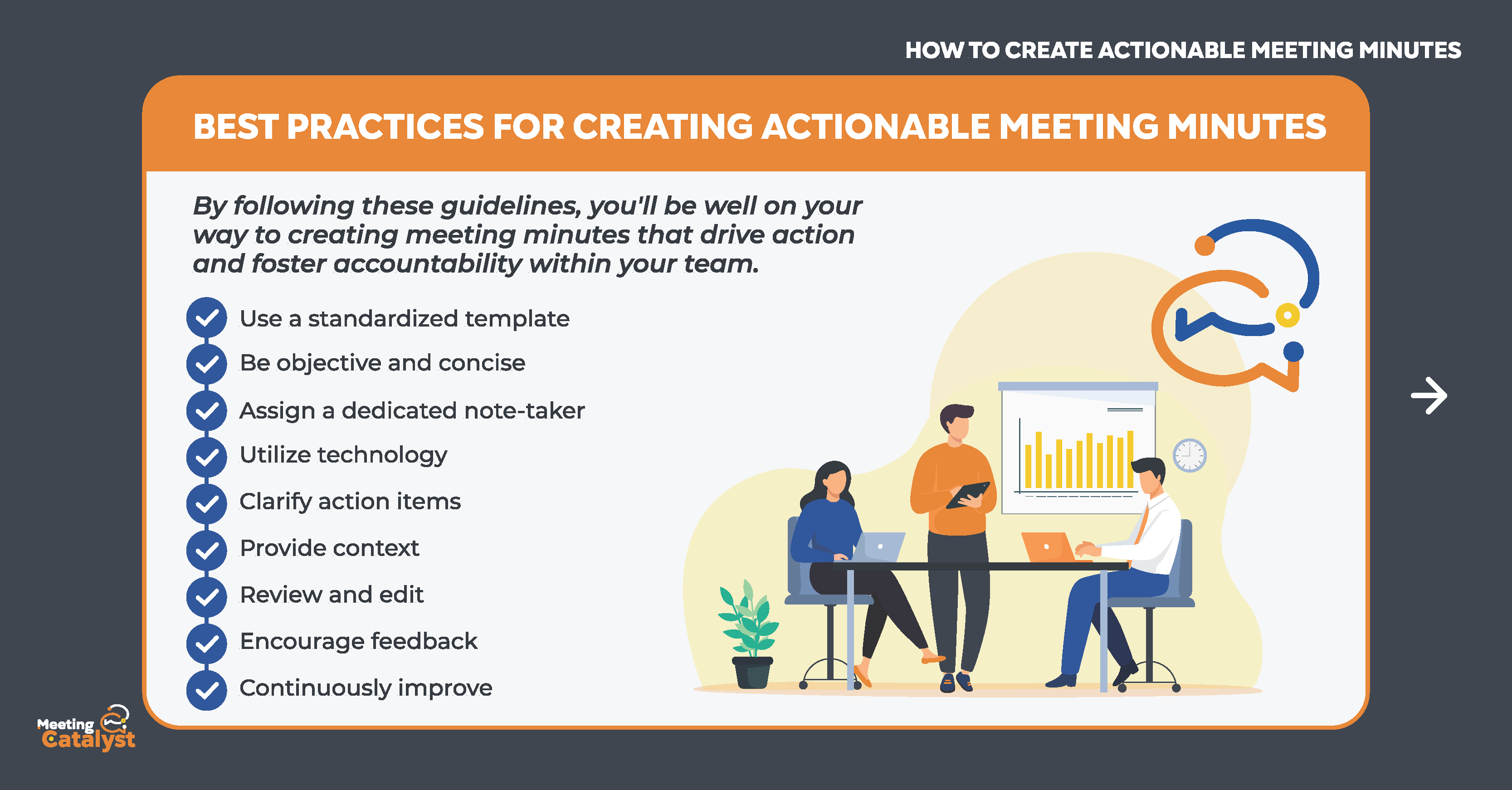 Infographic text boxes with bullet points listing best practices for creating actionable meeting minutes