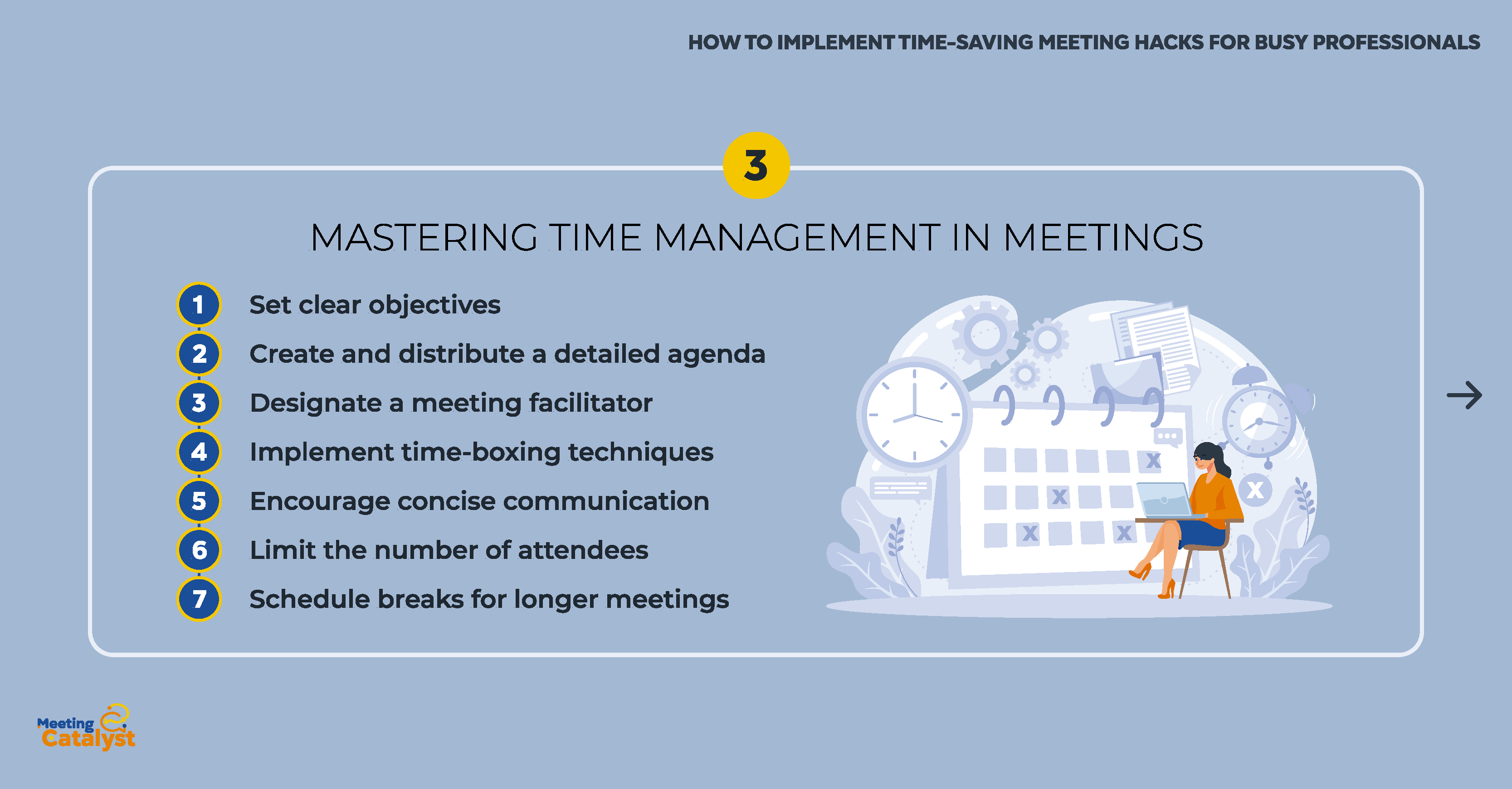 Infographic text bullets listing strategies for time management in meetings.