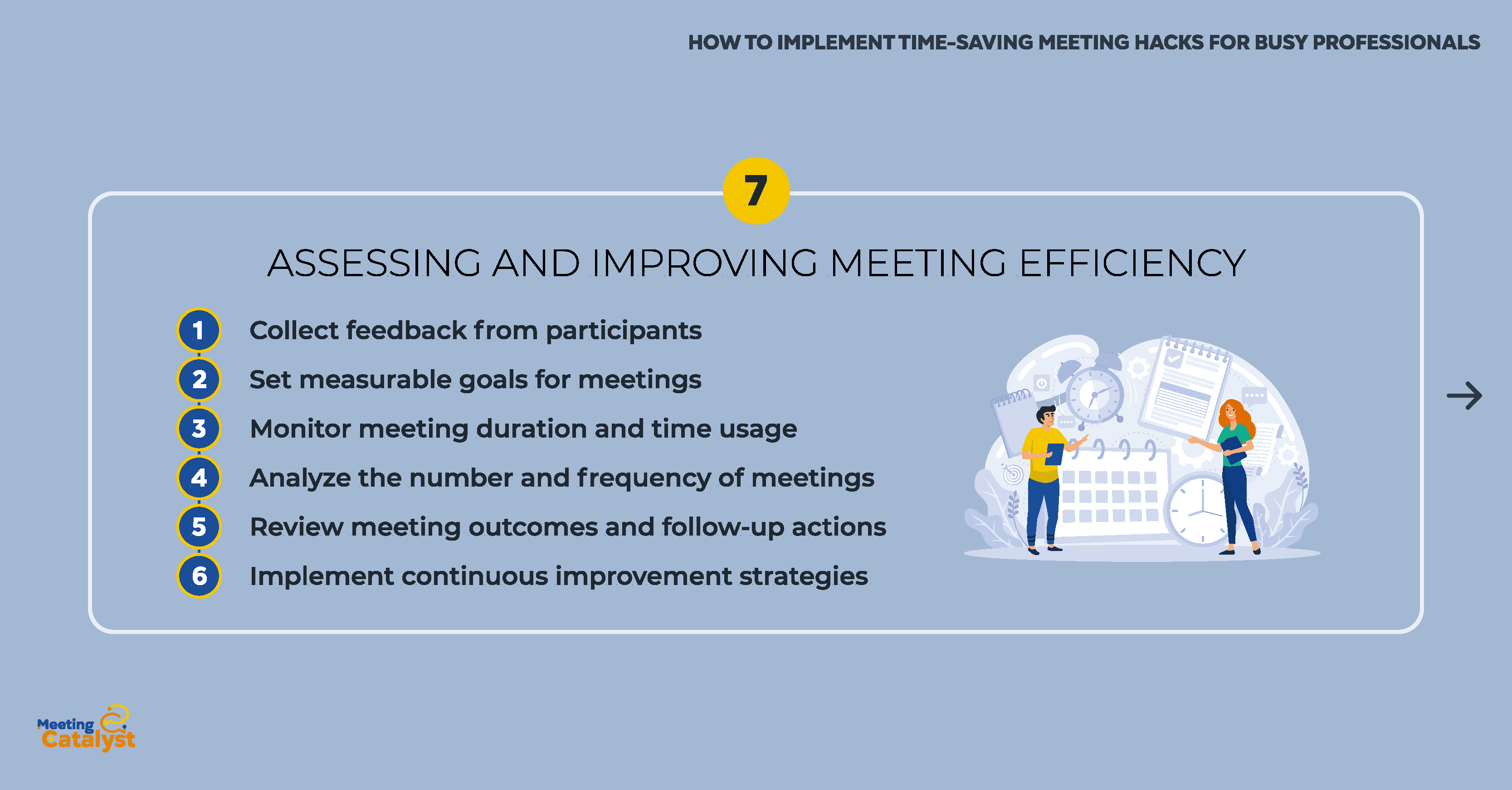 Infographic bullet points listing methods for assessing and improving meeting efficiency.