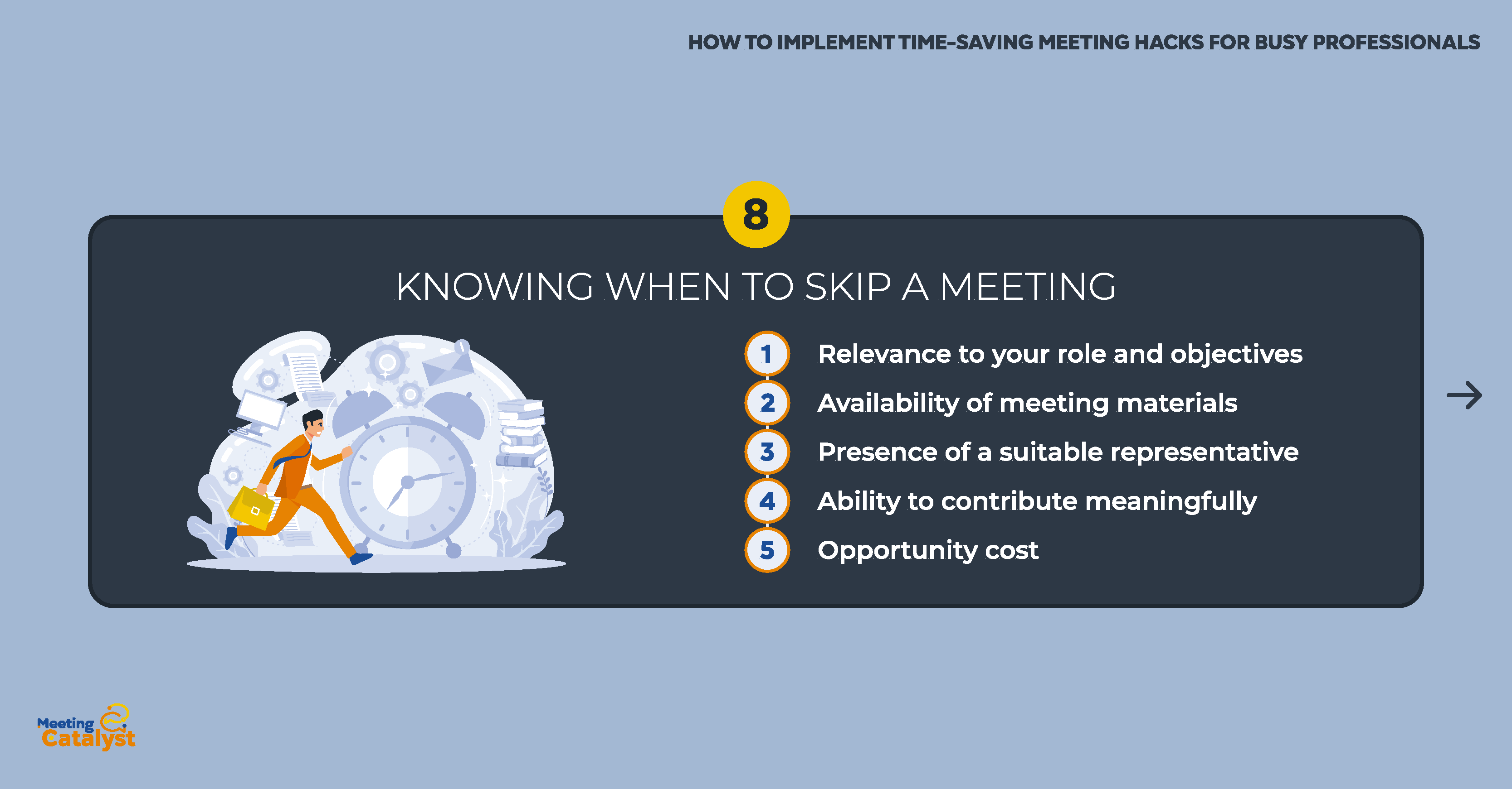 Infographic bullet points listing factors to consider when deciding whether or not to attend a meeting.