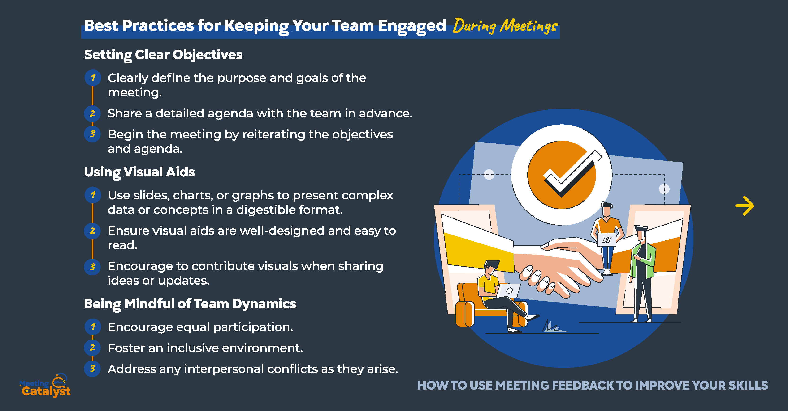 Infographic with text bullets listing best practices for keeping the team engaged