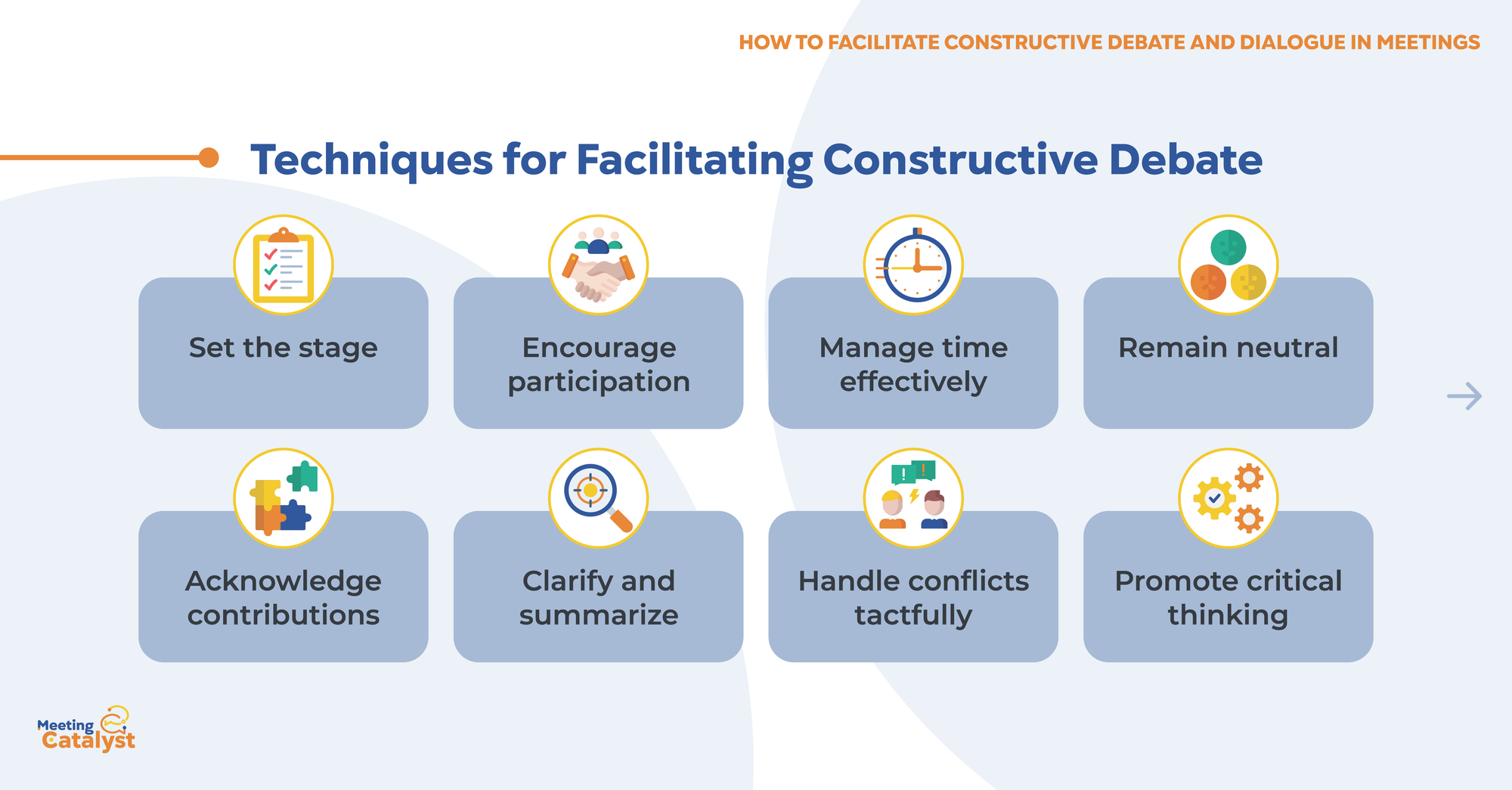 Infographc text boxes listing essential techniques to help you successfully facilitate constructive debate.