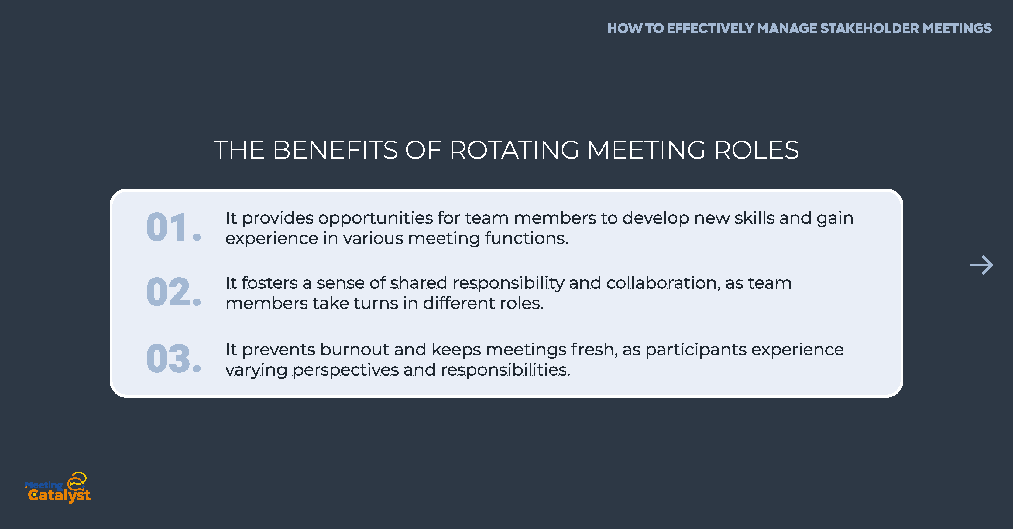 Bullet points listing the benefits of rotating meeting roles