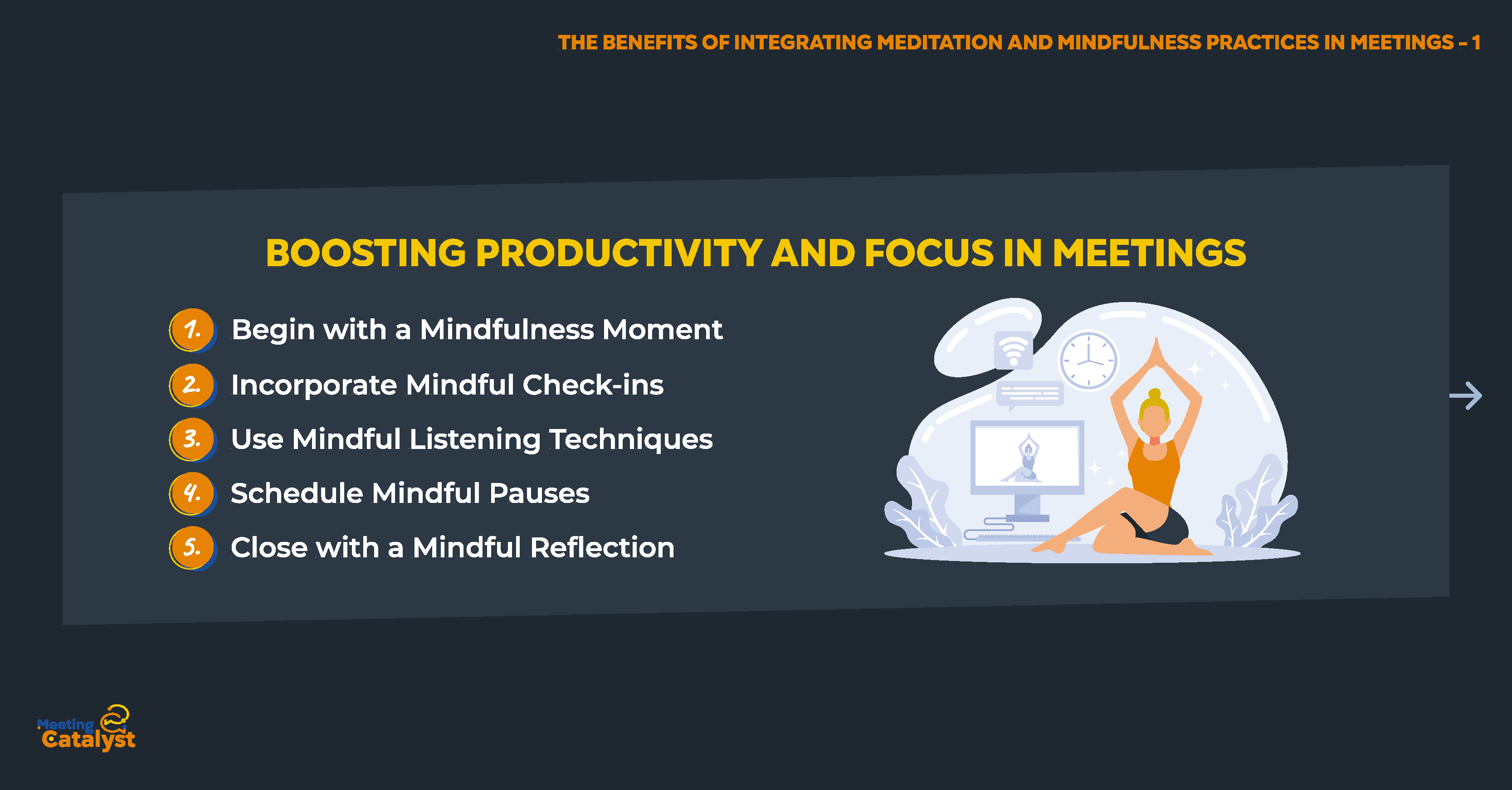 Infographic bullet points listing strategies to boost productivity in meetings