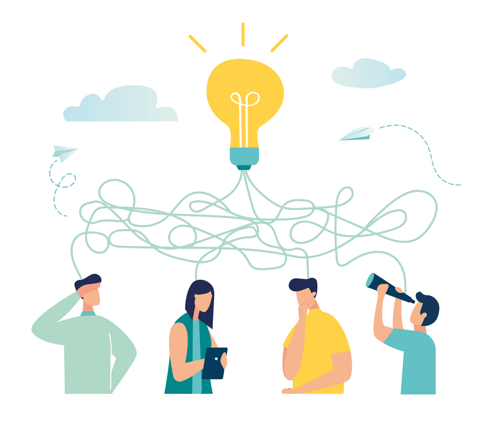 Four people connected to a signle lightbulb representing a brainstorming session