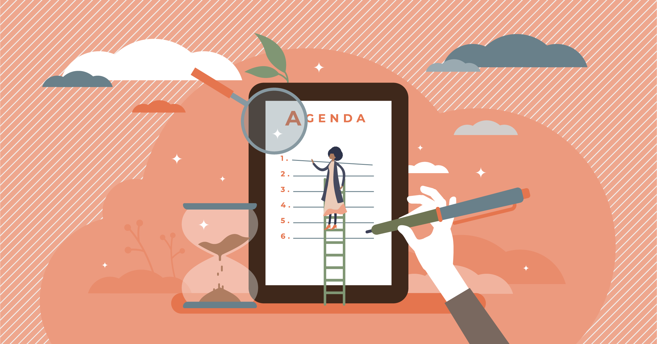 Graphic of an Agenda with a person on a ladder pointing to an item and a large hand with a pen